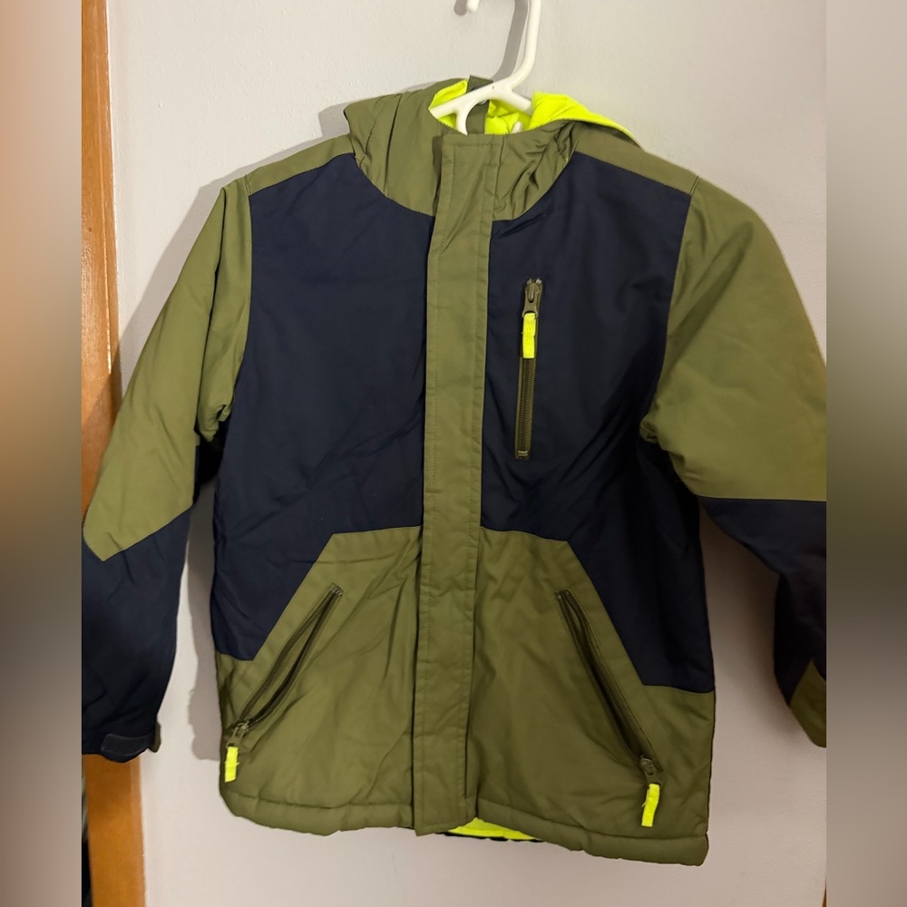 Place Olive & Navy Hooded Puffer Jacket with Neon Yellow Accents